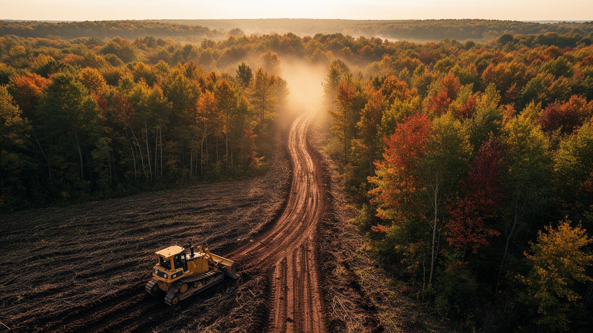 Land clearing in rural Michigan at golden hour